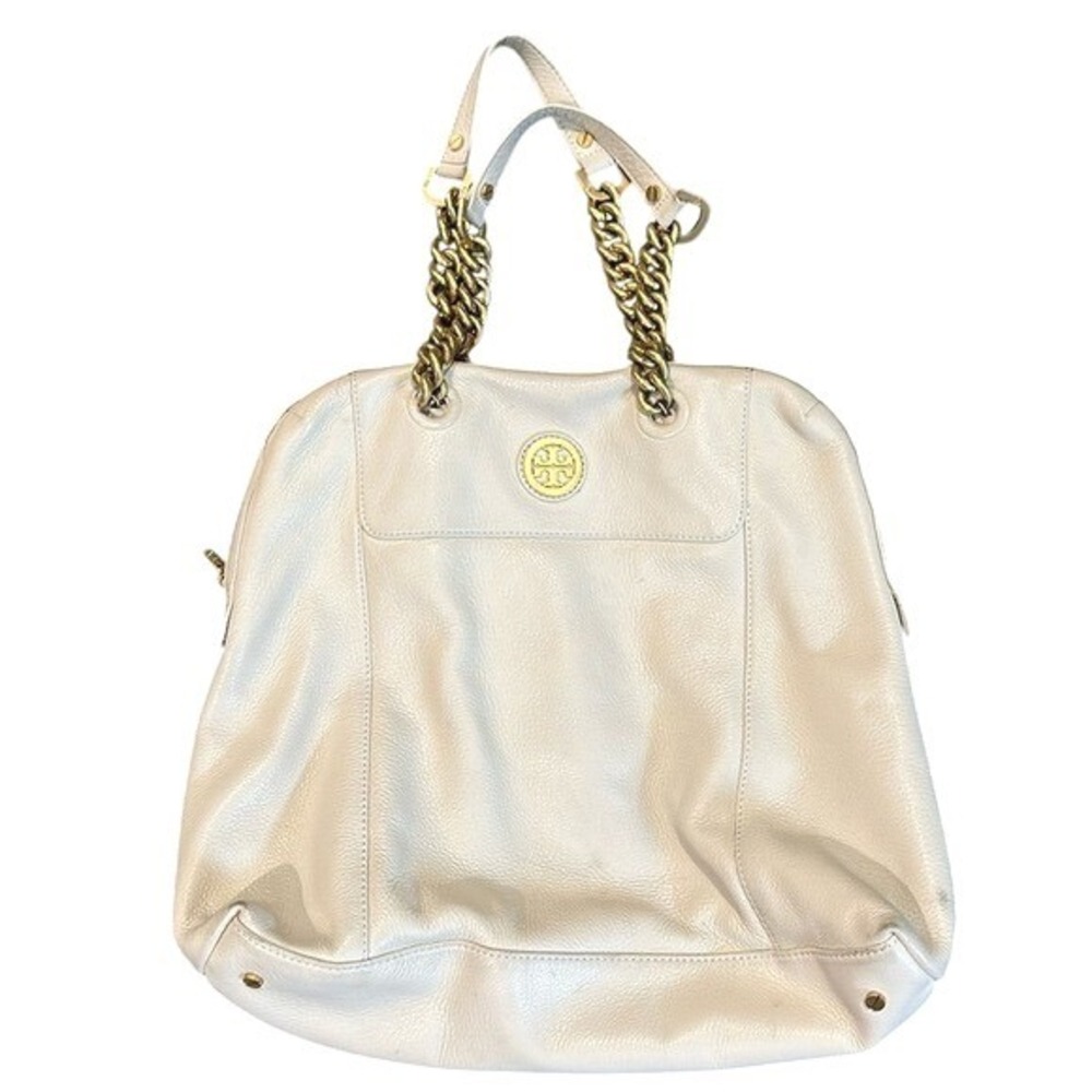 Tory Burch Marion Slouchy Tote Cream Pebbled Leather Gold Chain Handbag Hobo